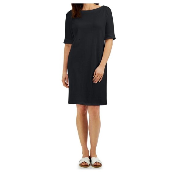 Karen Scott Women's 100% Cotton Knit Cuffed-Short-Sleeve Dress, Black, XL - Picture 1 of 7